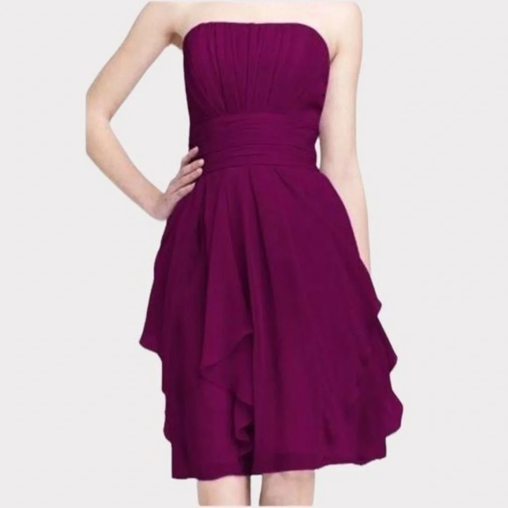 david's bridal strapless chiffon dress with layered skirt David’s Bridesmaid Sangria Purple Halter Neck Baby Shower Dresses